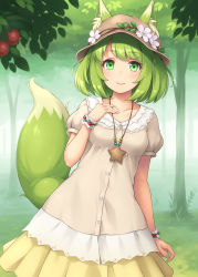 Rule 34 | 1girl, animal ear fluff, animal ears, arm at side, breasts, brown hair, closed mouth, collarbone, commentary request, day, dress, ears through headwear, flower, fox ears, fox girl, fox tail, grass, green eyes, green hair, hand on own chest, hat, hat flower, highres, jewelry, looking at viewer, medium breasts, necklace, original, outdoors, puffy short sleeves, puffy sleeves, sasaame, short hair, short sleeves, smile, solo, standing, star (symbol), tail, tree, wristband