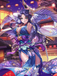 Rule 34 | 1girl, architecture, armpits, arms up, bare shoulders, blue hair, blue jacket, blue kimono, blurry, blurry background, bow, box (hotpppink), breasts, closed mouth, collarbone, depth of field, east asian architecture, floating hair, floral print, gem, green eyes, highres, holding, holding sword, holding weapon, jacket, japanese clothes, kimono, lantern, large breasts, leg up, light particles, light smile, long hair, long sleeves, looking at viewer, night, night sky, obi, official art, ootachi, open clothes, open jacket, outdoors, print kimono, purple bow, purple sky, railing, river, sandals, sash, sengoku kishin valkyrie, sidelocks, sky, sleeveless, sleeveless kimono, solo, sparkle, standing, standing on one leg, striped clothes, striped jacket, sword, tassel, thighhighs, thighs, tsurime, v-shaped eyebrows, weapon, white thighhighs, wide sleeves, winged hair ornament