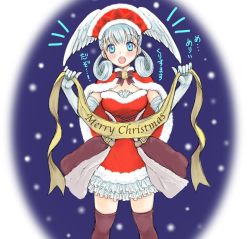 Rule 34 | 1girl, agasa (agasaillust), bell, blue eyes, breasts, christmas, curly hair, dress, elbow gloves, fur trim, gloves, hat, head wings, long hair, looking at viewer, medium breasts, melia antiqua, merry christmas, nintendo, open mouth, red dress, red gloves, santa costume, santa hat, silver hair, simple background, solo, thighhighs, white background, wings, xenoblade chronicles (series), xenoblade chronicles 1
