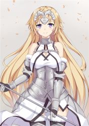 Rule 34 | 1girl, armor, armored dress, blonde hair, blush, breasts, chain, cleavage, fate/apocrypha, fate/grand order, fate (series), faulds, female focus, gauntlets, headpiece, jeanne d&#039;arc (fate), jeanne d&#039;arc (ruler) (fate), jeanne d&#039;arc (third ascension) (fate), kauru00, large breasts, long hair, petals, pole, purple eyes, solo, thighhighs, very long hair