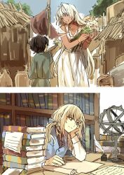 Rule 34 | 1boy, 1girl, 1other, aged down, ancient greek clothes, ascot, black ascot, black hair, blonde hair, blue ribbon, blue vest, book, book stack, bookshelf, bracelet, caenis (fate), closed eyes, closed mouth, dark-skinned female, dark skin, desk, dress, elbow rest, fate/grand order, fate (series), flower, gold bracelet, greco-roman clothes, green shirt, grey eyes, hair between eyes, hair down, hair intakes, hair ribbon, hand up, hands up, happy, head rest, holding, holding flower, indoors, inkwell, jewelry, kirschtaria wodime, long hair, long sleeves, nail polish, necklace, official alternate costume, official alternate hairstyle, open mouth, outdoors, ponytail, quill, ribbon, shirt, short hair, sleeveless, sleeveless dress, smile, teeth, thatched roof, tsengyun, upper teeth only, vest, white dress, white hair, white nails, white shirt