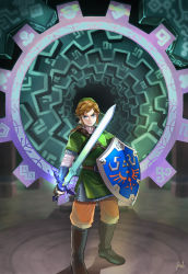 Rule 34 | 1boy, armor, belt, blonde hair, blue eyes, boots, brown footwear, chainmail, fighting stance, fingerless gloves, full body, gloves, green headwear, green tunic, highres, holding, holding shield, holding sword, holding weapon, hylian shield, link, long sleeves, male focus, nintendo, pants, pra 11, shield, shirt, short hair, shoulder strap, solo, sword, the legend of zelda, the legend of zelda: skyward sword, triforce, weapon, white shirt