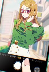 Rule 34 | 1girl, akai meganee, bare shoulders, blurry, blurry background, brown hair, cellphone, cellphone photo, commentary request, day, glasses, green shirt, hand up, highres, long hair, long sleeves, looking at viewer, open mouth, outdoors, phone, pov, pov hands, pretty series, red-framed eyewear, road, shirt, skirt, smartphone, solo focus, standing, street, taking picture, tsujii luki, user interface, waccha primagi!, white skirt