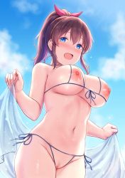 Rule 34 | 1girl, :d, bare arms, bare shoulders, bikini, blue eyes, blue sky, breasts, cai geng, censored, cleft of venus, cowboy shot, crotchless, crotchless bikini, day, front-tie bikini top, front-tie top, groin, hair ribbon, highres, holding, holding towel, idolmaster, idolmaster million live!, large breasts, navel, nippleless clothes, open mouth, outdoors, pink ribbon, ponytail, purple hair, pussy, ribbon, satake minako, short hair, side-tie bikini bottom, sidelocks, sky, smile, solo, stomach, swimsuit, towel