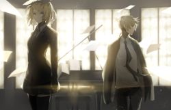 Rule 34 | 1boy, 1girl, absurdres, aqua eyes, bad id, bad pixiv id, black skirt, black thighhighs, blonde hair, brother and sister, commentary request, formal, hair ornament, hair ribbon, hairclip, highres, indoors, kagamine len, kagamine rin, monochrome, necktie, pant suit, pants, ribbon, saihate (saihate d3), short hair, siblings, skirt, skirt suit, suit, thighhighs, twins, vocaloid, window