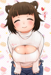 Rule 34 | 1girl, animal ears, bikini jeans, blush, breasts, brown hair, cleavage, cleavage cutout, clothing cutout, denim, highres, jeans, large breasts, lee (colt), lowleg, lowleg pants, meme attire, open-chest sweater, original, pants, ribbed sweater, short hair, smile, solo, sweater, turtleneck