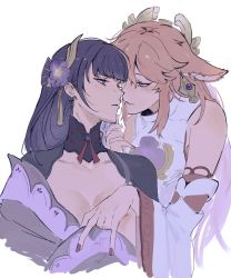 Rule 34 | 2girls, animal ears, bare shoulders, bjmaki, blunt bangs, collarbone, commentary, cropped torso, detached sleeves, earrings, eye contact, flower, fox ears, genshin impact, hair flower, hair ornament, half-closed eyes, hand on another&#039;s chest, hand on another&#039;s chin, headpiece, highres, jewelry, long hair, looking at another, mole, mole under eye, multiple girls, nail polish, parted lips, pink hair, pink nails, purple eyes, purple hair, raiden shogun, simple background, smile, symbol-only commentary, upper body, white background, wide sleeves, yae miko, yuri