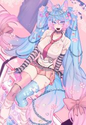 Rule 34 | absurdres, animal ear fluff, animal ears, blue eyes, blue hair, blue nails, bow, breasts, can, chain, flower, gradient hair, hair bow, hair flower, hair ornament, highres, indie virtual youtuber, large breasts, long hair, loose necktie, maplekeurig, miniskirt, multicolored hair, multicolored tail, necktie, pink hair, pink tail, pubic hair, silvervale, silvervale (gyaru), skirt, tail, thighhighs, twintails, very long hair, virtual youtuber, wolf ears, wolf girl, wolf tail