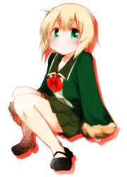 Rule 34 | 10s, 1girl, blonde hair, bow, bowtie, fur trim, green eyes, green jacket, green skirt, jacket, kantai collection, long hair, long sleeves, looking at viewer, open mouth, pleated skirt, red bow, red bowtie, shimushu (kancolle), short hair, skirt, smile, solo, suna kiririto, white legwear