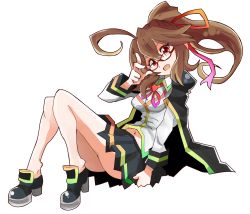 Rule 34 | 1girl, ahoge, ankle boots, bespectacled, blazblue, blazblue: chronophantasma, boots, breasts, brown hair, cape, celica a. mercury, enpe, eyebrows, female focus, full body, glasses, high heel boots, high heels, huge ahoge, legs together, long hair, long sleeves, looking at viewer, medium breasts, navel, open mouth, pleated skirt, ponytail, red-framed eyewear, red eyes, simple background, skirt, solo, white background
