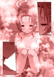 Rule 34 | 1boy, 1girl, bathing, bathtub, blue archive, blush, breasts, collarbone, completely nude, convenient censoring, halo, highres, kouji (campus life), long hair, looking at viewer, mixed-sex bathing, multiple views, nude, open mouth, revision, shared bathing, small breasts, smile, steam, steam censor, tile wall, tiles, yuzu (blue archive)