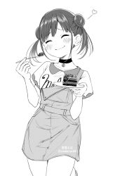 Rule 34 | 1girl, blush, cake, choker, closed eyes, commentary request, double bun, food, greyscale, hair bun, highres, idolmaster, idolmaster shiny colors, medium hair, monochrome, overall skirt, shirt, short sleeves, smile, solo, sonoda chiyoko, soramame tomu, t-shirt, twintails, white background