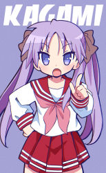 Rule 34 | 1girl, blue eyes, character name, commentary request, haaam, hand on own hip, highres, hiiragi kagami, long hair, long sleeves, looking at viewer, lucky star, neckerchief, open mouth, pink neckerchief, pointing, pointing at viewer, purple background, purple hair, red sailor collar, red skirt, ryouou school uniform, sailor collar, school uniform, serafuku, simple background, skirt, solo, tsurime, twintails