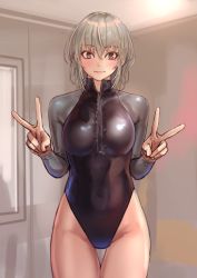 Rule 34 | 1girl, blush, covered navel, double v, front zipper swimsuit, grey eyes, highres, kilye kairi, lips, looking at viewer, medium hair, meme attire, one-piece swimsuit, original, short hair, silver hair, skin tight, smile, solo, standing, swimsuit, thigh gap, v