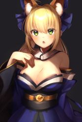 Rule 34 | 1girl, :o, animal ear fluff, animal ears, blonde hair, blue bow, blush, bow, breasts, cleavage, cosplay, detached collar, detached sleeves, extra ears, fate/extra, fate (series), fox ears, green eyes, hair bow, highres, large breasts, long hair, looking at viewer, nero claudius (fate), nero claudius (fate) (all), nero claudius (fate/extra), open mouth, solo, tamamo (fate), tamamo no mae (fate/extra), tamamo no mae (fate/extra) (cosplay), yayoi maka