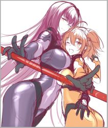 Rule 34 | 2girls, ahoge, ass, asymmetrical docking, blush, bodysuit, breast press, breasts, covered navel, fate/grand order, fate (series), fujimaru ritsuka (female), fujimaru ritsuka (female) (chaldea combat uniform), gae bolg (fate), hair ornament, hair scrunchie, hand on another&#039;s hip, hip focus, holding, holding weapon, large breasts, long hair, medium breasts, multiple girls, official alternate costume, okitakung, one eye closed, one side up, open mouth, orange bodysuit, orange eyes, orange hair, polearm, purple bodysuit, purple hair, red eyes, scathach (fate), scrunchie, short hair, side ponytail, simple background, smile, spear, thighs, weapon, white background