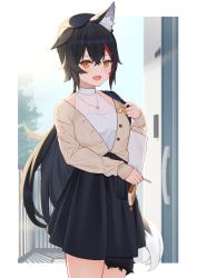 Rule 34 | 1girl, animal ear fluff, animal ears, black hair, black hat, black skirt, blush, border, brown cardigan, cardigan, cowboy shot, door handle, hair between eyes, hair ornament, hairclip, hat, highres, holding, holding key, hololive, jewelry, key, long hair, looking at viewer, mirai (mirai76 ), multicolored hair, necklace, ookami mio, ookami mio (street), open cardigan, open clothes, open mouth, orange eyes, outdoors, outside border, railing, red hair, shirt, skirt, sleeveless, sleeveless shirt, solo, streaked hair, tail, unbuttoned, very long hair, virtual youtuber, white border, white shirt, wolf ears, wolf girl, wolf tail