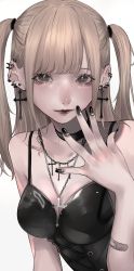 Rule 34 | amane misa, bandaid, black nails, blonde hair, choker, cross, cross earrings, cross necklace, death note, earrings, goth fashion, highres, jewelry, mano aaa, multiple earrings, nail polish, necklace, two side up