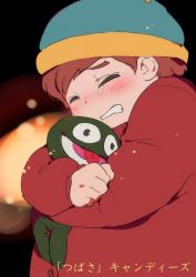 Rule 34 | 1boy, be (ronironibebe), beanie, brown hair, clyde frog, eric cartman, closed eyes, fat, fat man, hat, holding, holding stuffed toy, jacket, obese, hugging object, red jacket, short hair, solo, south park, stuffed animal, stuffed frog, stuffed toy, tears