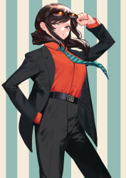 Rule 34 | 1girl, adjusting eyewear, arm up, black jacket, black pants, brown hair, bukimi isan, closed mouth, dunant pilse, formal, green background, green necktie, hand in pocket, highres, jacket, long hair, long sleeves, looking at viewer, necktie, pants, red shirt, shirt, shirt tucked in, shy (series), striped, striped background, sunglasses, twintails, white background
