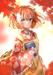 Rule 34 | 1girl, autumn, autumn leaves, bell, blurry, blurry background, book, checkered clothes, checkered kimono, depth of field, falling leaves, hair bell, hair ornament, highres, holding, holding book, japanese clothes, kimono, leaf, leaf hair ornament, leaf on head, looking at viewer, maple leaf, motoori kosuzu, shironeko yuuki, short hair, sketch, solo, touhou, two side up