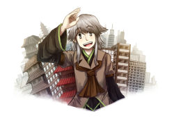 Rule 34 | 1other, androgynous, bow, brown coat, building, coat, houlen yabusame, len&#039;en, open mouth, short hair, short hair with long locks, grey eyes, silver hair, skyscraper, smile, solo, yamanoskk