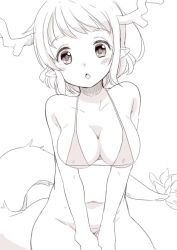 Rule 34 | 1girl, animal ears, bikini, blush, breasts, cleavage, copyright request, dragon girl, fuyuno mikan, horns, looking at viewer, micro bikini, monochrome, simple background, solo, swimsuit, tail, white background