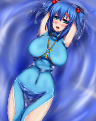 Rule 34 | 1girl, adapted costume, alternate costume, arms behind head, blue eyes, blue hair, blush, breasts, china dress, chinese clothes, dress, hair bobbles, hair ornament, highres, kawashiro nitori, key, large breasts, looking at viewer, lying, matching hair/eyes, no headwear, no headwear, on back, open mouth, parmiria, partially submerged, short hair, short twintails, side slit, smile, solo, thighs, touhou, twintails, two side up, water, wet, wet clothes