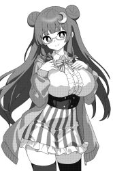 Rule 34 | 1girl, blunt bangs, bow, bowtie, breasts, closed mouth, collared shirt, double bun, glasses, greyscale, hair bun, large breasts, long hair, long sleeves, looking at viewer, monochrome, onkn sxkn, patchouli knowledge, shirt, smile, solo, thighhighs, touhou