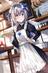 Rule 34 | 1girl, absurdres, alternate costume, amane kanata, angel wings, apron, backlighting, black dress, closed mouth, dress, enmaided, food, frilled apron, frills, hand on own hip, highres, holding, holding plate, hololive, indoors, jewelry, ketchup, ketchup bottle, kitchen, long hair, maid, maid headdress, necklace, omelet, omurice, plant, plate, potted plant, rahy, smile, smug, solo, virtual youtuber, white apron, wings