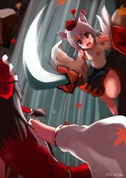 Rule 34 | 2girls, animal ears, bare shoulders, black hair, boulder, bow, breasts, detached sleeves, female focus, foreshortening, from behind, hair bow, hair tubes, hakurei reimu, hat, highres, inubashiri momiji, japanese clothes, leaf, long sleeves, maple leaf, miko, multiple girls, open mouth, pom pom (clothes), red eyes, sarashi, shield, shirt, short hair, skirt, small breasts, sword, tail, teeth, tokin hat, touhou, water, waterfall, weapon, white hair, wide sleeves, wolf ears, wolf tail, xting12
