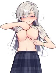 Rule 34 | 1girl, absurdres, asymmetrical bangs, blush, braid, braided bangs, breasts, cleavage, clothes lift, earrings, grey hair, highres, hisakawa hayate, idolmaster, idolmaster cinderella girls, jewelry, large breasts, lifting own clothes, looking at viewer, plaid, plaid skirt, rfeulgen, shirt, shirt lift, simple background, skirt, smile, solo, sweat, underboob, white background, white shirt
