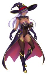 Rule 34 | 1girl, arms at sides, boots, breasts, cleavage, covered navel, dark-skinned female, dark skin, detached collar, elf, elfen king, feet, female focus, full body, game cg, gloves, hair over one eye, hat, highres, hikage eiji, huge breasts, huracan, legs, light smile, long hair, looking at viewer, lune (company), nana g, navel, original, pink eyes, pointy ears, purple hair, see-through, simple background, smile, sofia (elfen king), solo, standing, tachi-e, thighhighs, thighs, transparent background