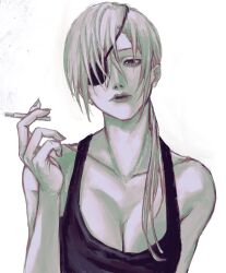Rule 34 | 1girl, black tank top, breasts, chainsaw man, cigarette, cleavage, eyepatch, grey background, grey hair, greyscale, highres, holding, holding cigarette, long hair, looking at viewer, medium breasts, monochrome, ponytail, quanxi (chainsaw man), simple background, smoking, solo, tank top, yohohoi