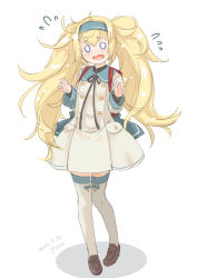 Rule 34 | 0 0, 1girl, backpack, bag, blonde hair, commentary request, dated, dress, flying sweatdrops, full body, fyuo, gambier bay (kancolle), hairband, highres, kantai collection, loafers, long hair, looking at viewer, sailor dress, shoes, signature, simple background, solo, thighhighs, twintails, white background, white thighhighs