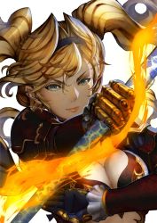 Rule 34 | 1girl, black gloves, blonde hair, blue eyes, breasts, cleavage, closed mouth, commentary request, fire, floating hair, gauntlets, gloves, granblue fantasy, hairband, highres, holding, holding weapon, large breasts, long sleeves, shimashima (simasima 23), simple background, smile, solo, twintails, upper body, weapon, white background, zeta (granblue fantasy)