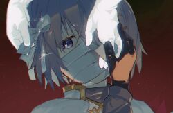 Rule 34 | 1girl, adjusting bow, bandaged head, bandages, black jacket, blue eyes, blue hair, bow, cape, commentary, gloves, gold trim, hair bow, hand up, highres, jacket, long sleeves, looking at viewer, mahou shoujo madoka magica, mahou shoujo madoka magica: walpurgis no kaiten, miki sayaka, miki sayaka (magical girl), portrait, short hair, solo focus, un nm5sy, white bow, white cape, white gloves