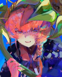 Rule 34 | 1girl, belt, blue background, blue eyes, blue overalls, blush, braid, brown belt, colorful, crown braid, fate/grand order, fate (series), flower, hair ornament, half-closed eyes, hat, highres, holding, holding flower, leaf hair ornament, leaning forward, looking at viewer, multicolored hair, open mouth, orange hair, overalls, portrait, raised eyebrows, see-through, see-through sleeves, short hair with long locks, shuu (amane v), side braid, smile, solo, straw hat, sunflower, van gogh (fate), yellow hat