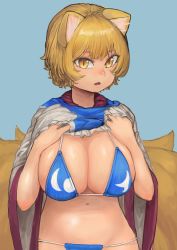 Rule 34 | 1girl, absurdres, animal ear fluff, animal ears, bikini, bikini under clothes, blonde hair, blue background, blue bikini, breasts, chanta (ayatakaoisii), cleavage, clothes lift, dress, dress lift, expressionless, eyebrows hidden by hair, fox ears, fox tail, highres, large breasts, lifting own clothes, looking at viewer, multiple tails, navel, no headwear, open mouth, short hair, simple background, sleeves past elbows, slit pupils, solo, swimsuit, tail, touhou, upper body, wide sleeves, yakumo ran, yellow eyes