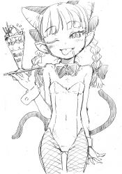 Rule 34 | 1girl, animal ears, bow, bowtie, braid, cat ears, cat girl, cat tail, fang, female focus, fishnet pantyhose, fishnets, flat chest, food, food on face, greyscale, ice cream, kaenbyou rin, kittysuit, leotard, monochrome, multiple tails, nametake, nontraditional playboy bunny, one eye closed, open mouth, pantyhose, sketch, solo, sundae, tail, touhou, tray, twin braids, wink, wrist cuffs