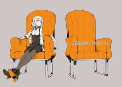 Rule 34 | 1girl, a.i. voice, armchair, ayakura juu, boots, braid, chair, commentary request, crossed ankles, expressionless, full body, grey background, grey eyes, hair ornament, hairclip, high heel boots, high heels, kizuna akari, kizuna akari (a.i. voice), long hair, looking to the side, pantyhose, simple background, sitting, skirt, solo, suspender skirt, suspenders, twin braids, underbust, very long hair, voiceroid, white hair