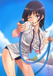 Rule 34 | 1girl, blue sky, blush, breasts, cloud, collarbone, competition swimsuit, day, dress shirt, honoji, hose, ladder, large breasts, leaning forward, long hair, one-piece swimsuit, one eye closed, open mouth, original, outdoors, pool, purple eyes, purple hair, see-through, shirt, sky, solo, swimsuit, swimsuit under clothes, wet, wet clothes, wet shirt, wink
