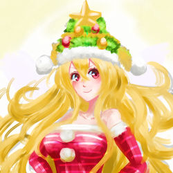 Rule 34 | 1girl, alternate costume, bare shoulders, blonde hair, breasts, christmas, christmas tree, christmas tree hat, clownpiece, collarbone, commentary request, dress, elbow gloves, fur-trimmed dress, fur trim, gloves, hat, long hair, looking at viewer, medium breasts, nanai07, pom pom (clothes), red dress, red eyes, red gloves, smile, solo, star (symbol), strapless, strapless dress, striped clothes, striped dress, touhou, upper body