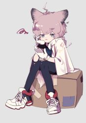 Rule 34 | 1girl, :t, animal ears, arknights, black thighhighs, blue eyes, box, cardboard box, cellphone, closed mouth, coat, commentary request, fox ears, fox girl, fox tail, full body, gloves, grey background, highres, holding, holding phone, niwatori (akira 207), on box, phone, pink hair, shoes, simple background, sitting, smartphone, sneakers, solo, sussurro (arknights), tail, thighhighs, white coat, white footwear, white gloves
