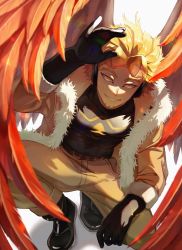 Rule 34 | arm on knee, blonde hair, bodysuit, boku no hero academia, bui (buupopopopopo), costume, elbow gloves, eyeliner, facial hair, feathered wings, feathers, fur-trimmed jacket, fur trim, gloves, hand up, hawks (boku no hero academia), highres, jacket, knees apart feet together, looking at viewer, makeup, red feathers, rimless eyewear, smile, solo, squatting, wings, yellow eyes
