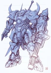 Rule 34 | absurdres, cable, commentary request, gatling gun, gouf, gouf custom, gundam, gundam 08th ms team, highres, hose, machinery, maeda hiroyuki, mecha, mobile suit, no humans, one-eyed, original, redesign, robot, science fiction, shoulder spikes, signature, sketch, spikes, sword, tube, unfinished, weapon, white background, zeon
