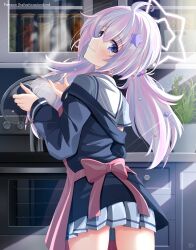 Rule 34 | 1girl, apron, blue archive, commentary request, hair between eyes, helvetica std, highres, indoors, kitchen, looking at viewer, looking back, low twintails, purple eyes, reisa (blue archive), school uniform, serafuku, solo, twintails, white hair