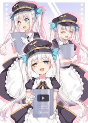 Rule 34 | 1girl, :d, apron, black dress, black headwear, blue eyes, blue ribbon, closed eyes, commentary request, dress, frilled apron, frills, gloves, hair ribbon, happy, hat, heterochromia, highres, holding, kagura gumi, kagura mea, long hair, looking at viewer, maid, multiple views, open mouth, peaked cap, puffy short sleeves, puffy sleeves, ribbon, short sleeves, sidelocks, smile, snozaki, surprised, tears, twintails, typo, very long hair, virtual youtuber, white apron, white gloves, white hair, wing collar, yellow eyes, youtube, youtube creator award, youtube logo