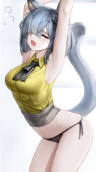 Rule 34 | 1girl, absurdres, animal ears, arknights, armpits, arms up, ascot, bare shoulders, black ascot, black panties, breasts, cat ears, cat tail, collared shirt, cowboy shot, delphine (arknights), fangs, from side, furrowed brow, grey hair, hair over one eye, highres, leaning forward, long bangs, medium breasts, no headwear, no pants, nopetroto, one eye closed, one eye covered, open mouth, outstretched arms, panties, shirt, short hair, side-tie panties, simple background, squeans, sleepy, sleeveless, sleeveless shirt, solo, tail, underwear, white background, yellow shirt