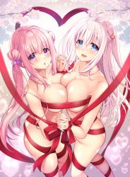 Rule 34 | 2girls, :o, ass, bare shoulders, blue eyes, breast press, breasts, butt crack, cleavage, feet out of frame, hair ornament, highres, interlocked fingers, large breasts, long hair, looking at viewer, multiple girls, naked ribbon, original, pink eyes, pink hair, ribbon, ringo sui, sakurai airi, sakurai sakura, standing, symmetrical docking, twintails, white hair